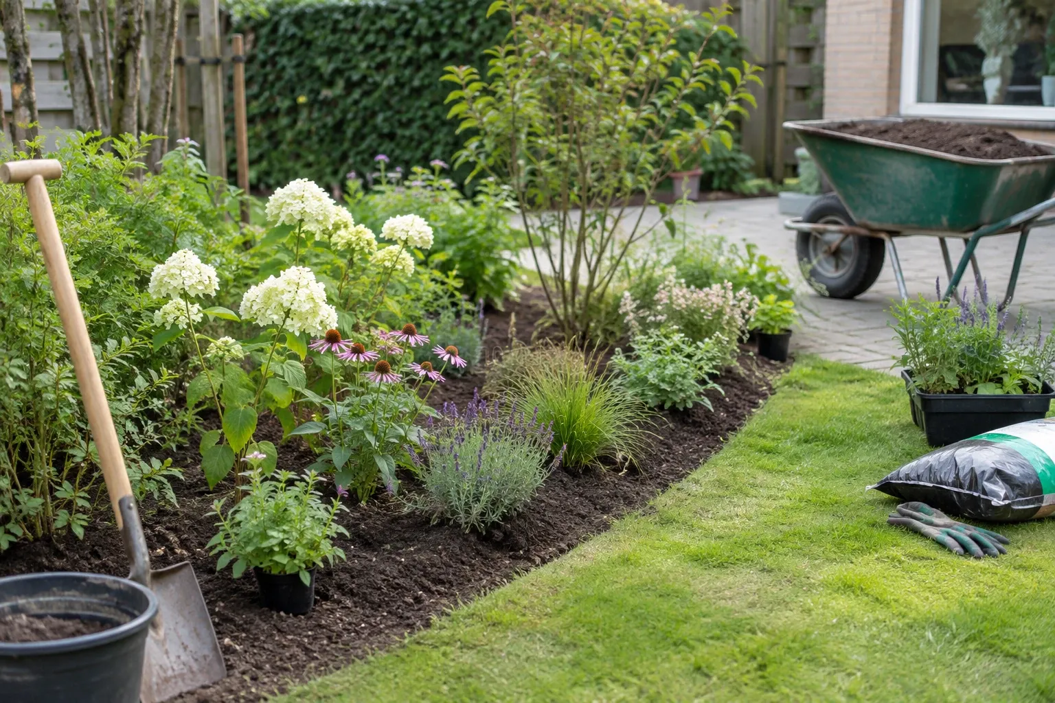 Tuinaarde, planten in potten en tuingereedschap langs pas aangelegde border