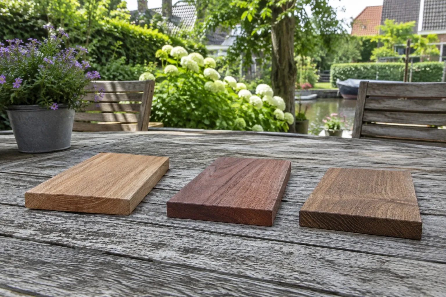Drie houten plankjes (verschillende houtsoorten) op verweerd tuintafel, tuin op achtergrond