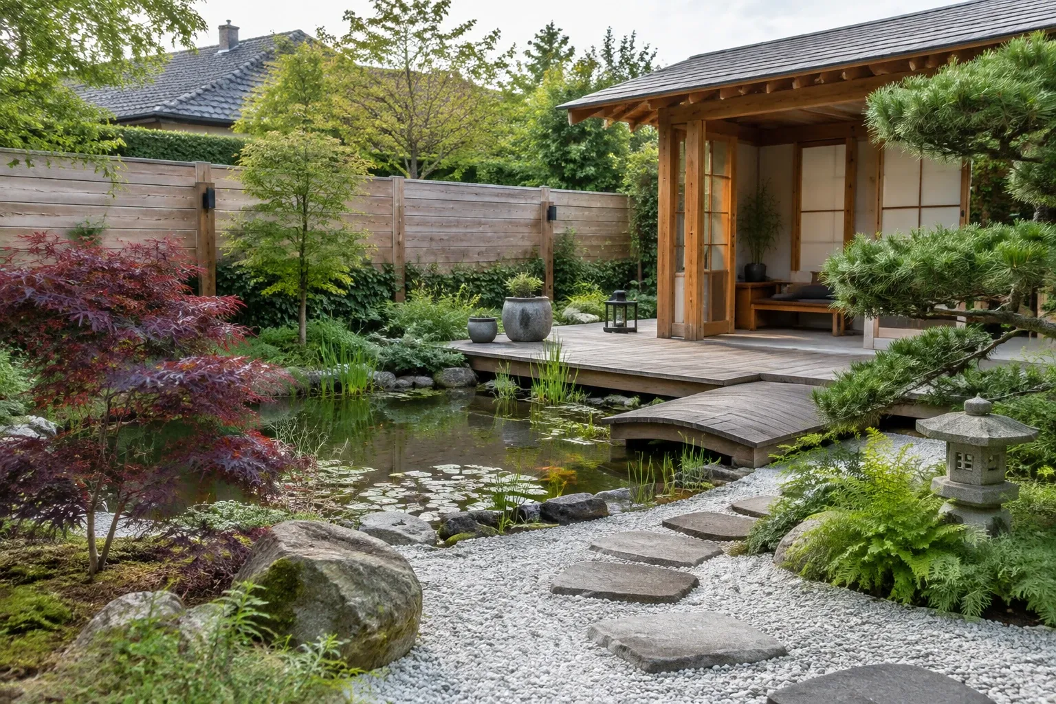 Japanse tuin met houten veranda, koi-vijver, stapstenen, lantaarn en bonsaiachtige dennen