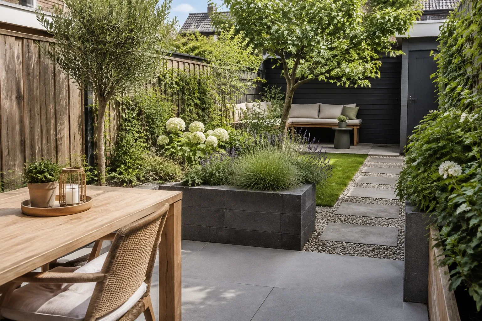 Kleine stadstuin met houten eettafel, verhoogde plantenbakken en bank onder boom