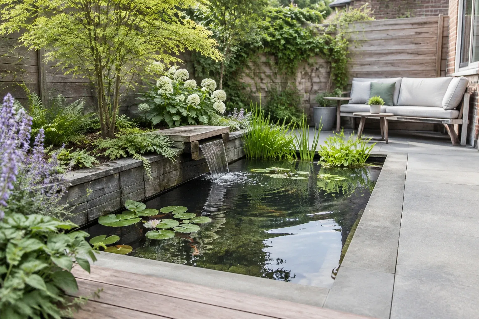 Kleine rechthoekige vijver met waterval, waterlelies en zittbank in compacte tuin