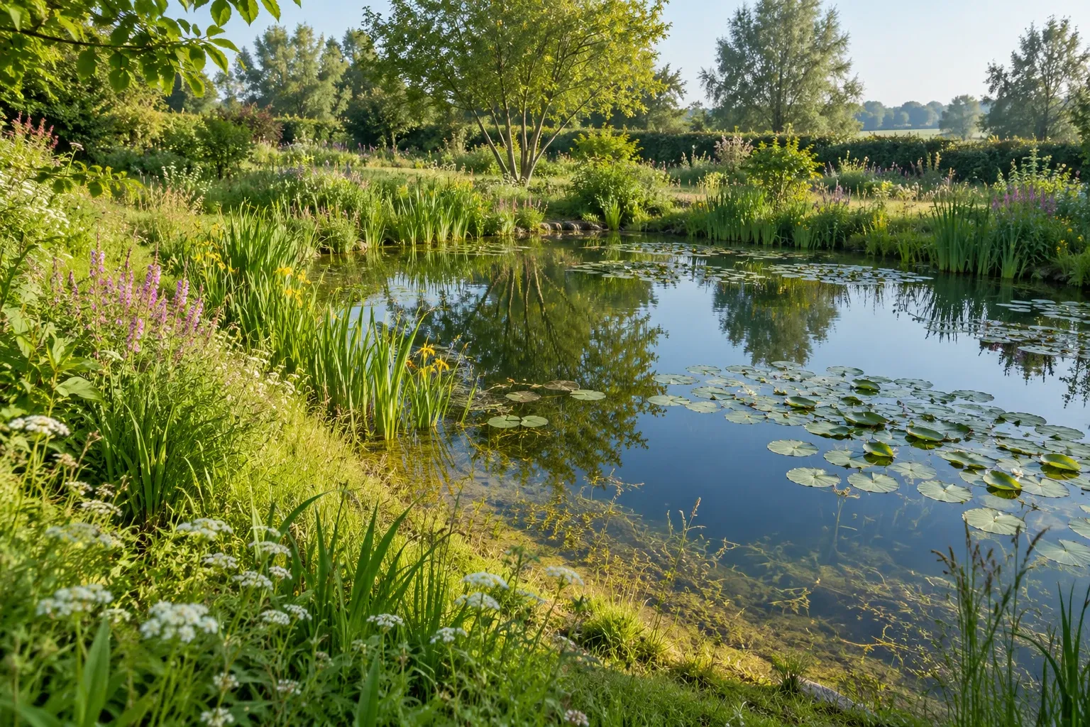 Natuurlijke vijver met waterlelies, oeverplanten en bomen weerspiegeld in water