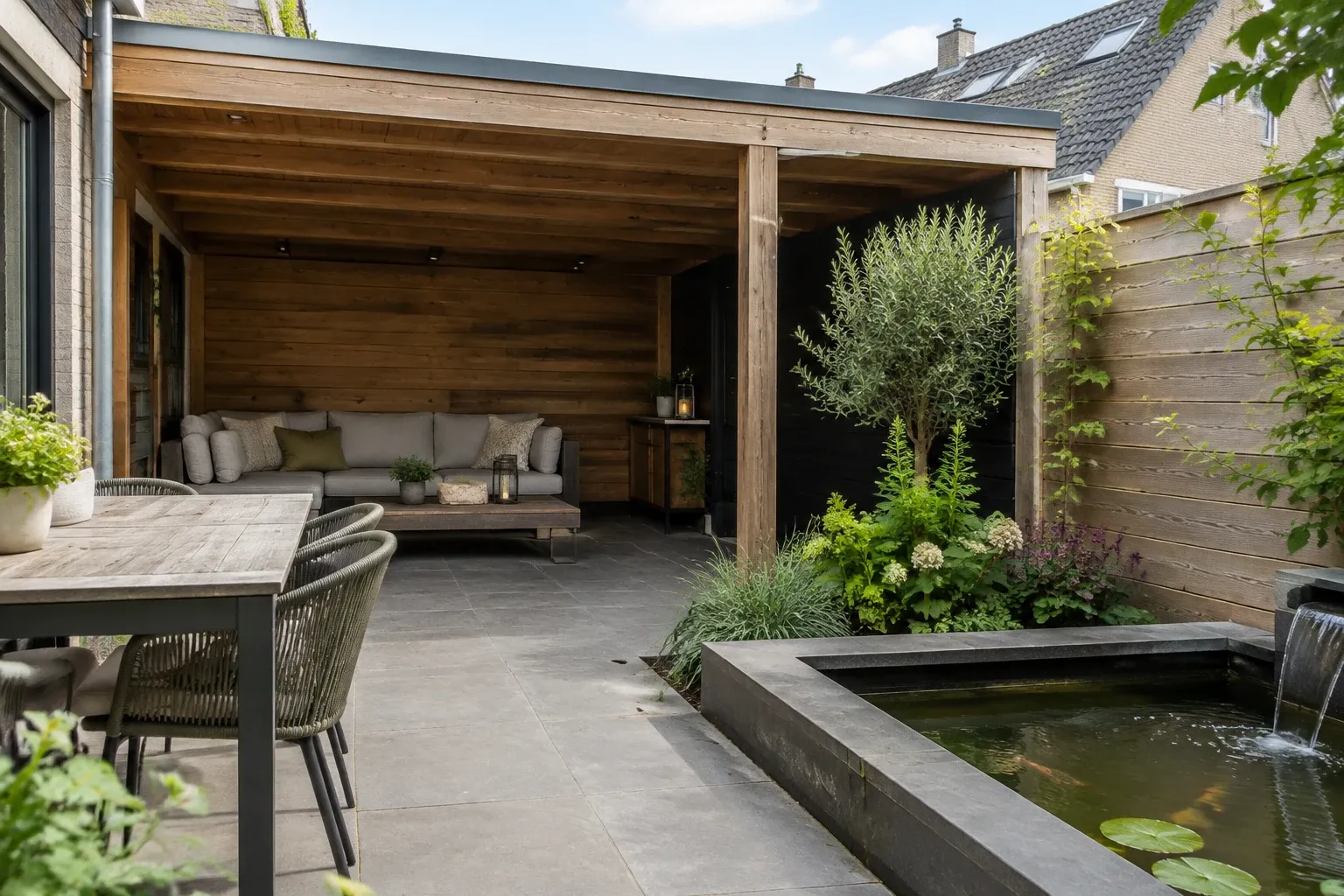 Overkapping met houten sofa, eettafel, vijver en groen in compacte stadstuin