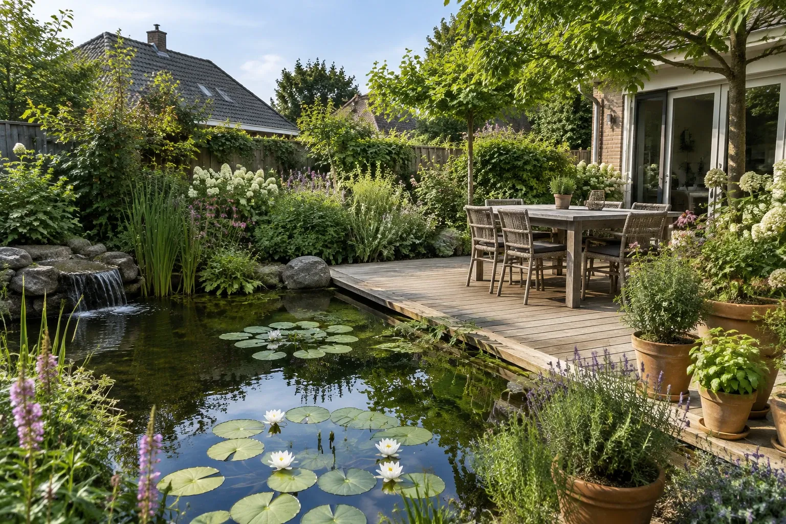 Zonnig houten terras bij natuurlijke vijver met waterlelies, eettafel en terracotta potten