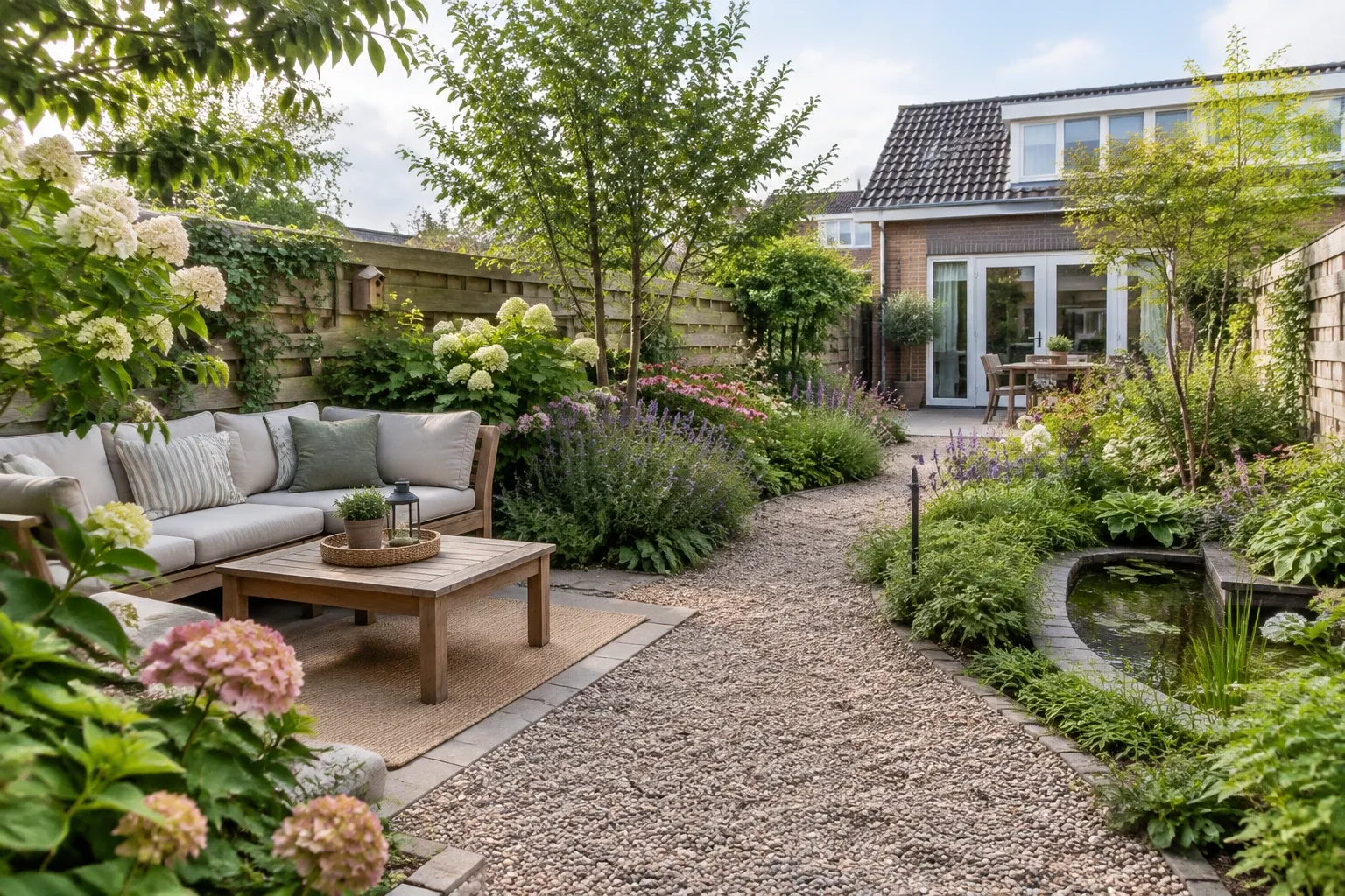 Zonnige achtertuin met gravelpad, loungebank, vijver en bloemenranden