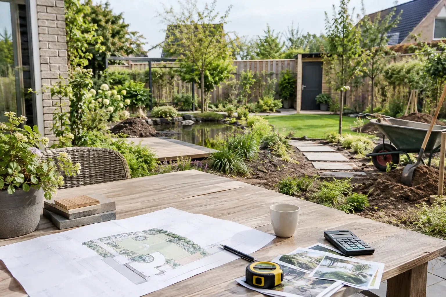Tuinontwerp op tafel met meetlint, calculator en deels aangelegde achtertuin zichtbaar