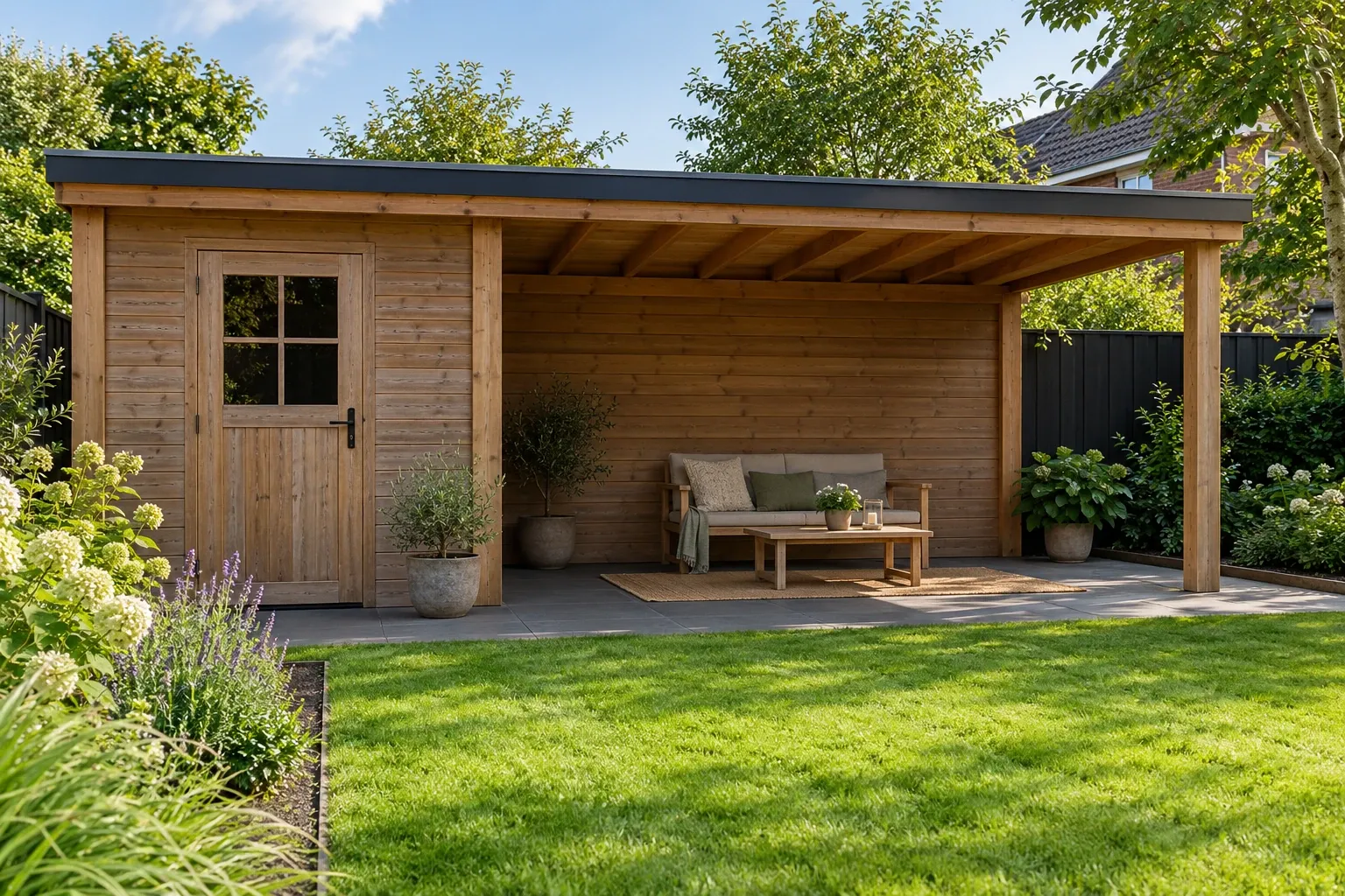 Houten tuinhuis met overkapping, loungebank, planten en zonnig gazon