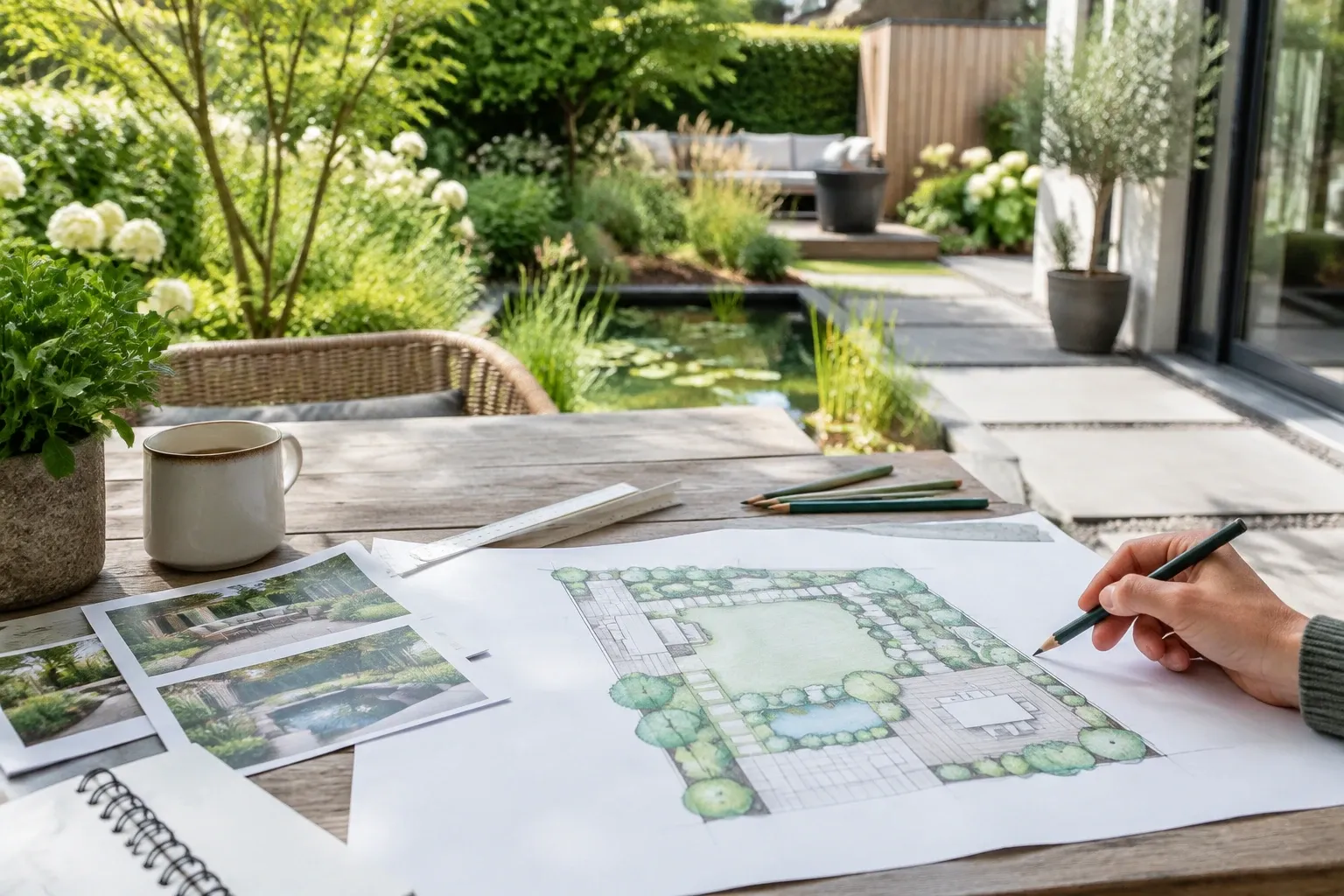 Hand tekent een tuinontwerp op papier met potloden, planten en vijver op achtergrond