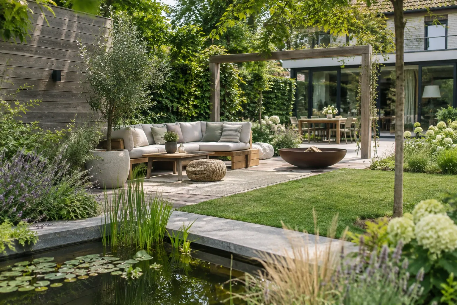 Moderne tuin met loungebank, vuurkorf, vijver en houten pergola, zachte daglicht sfeer