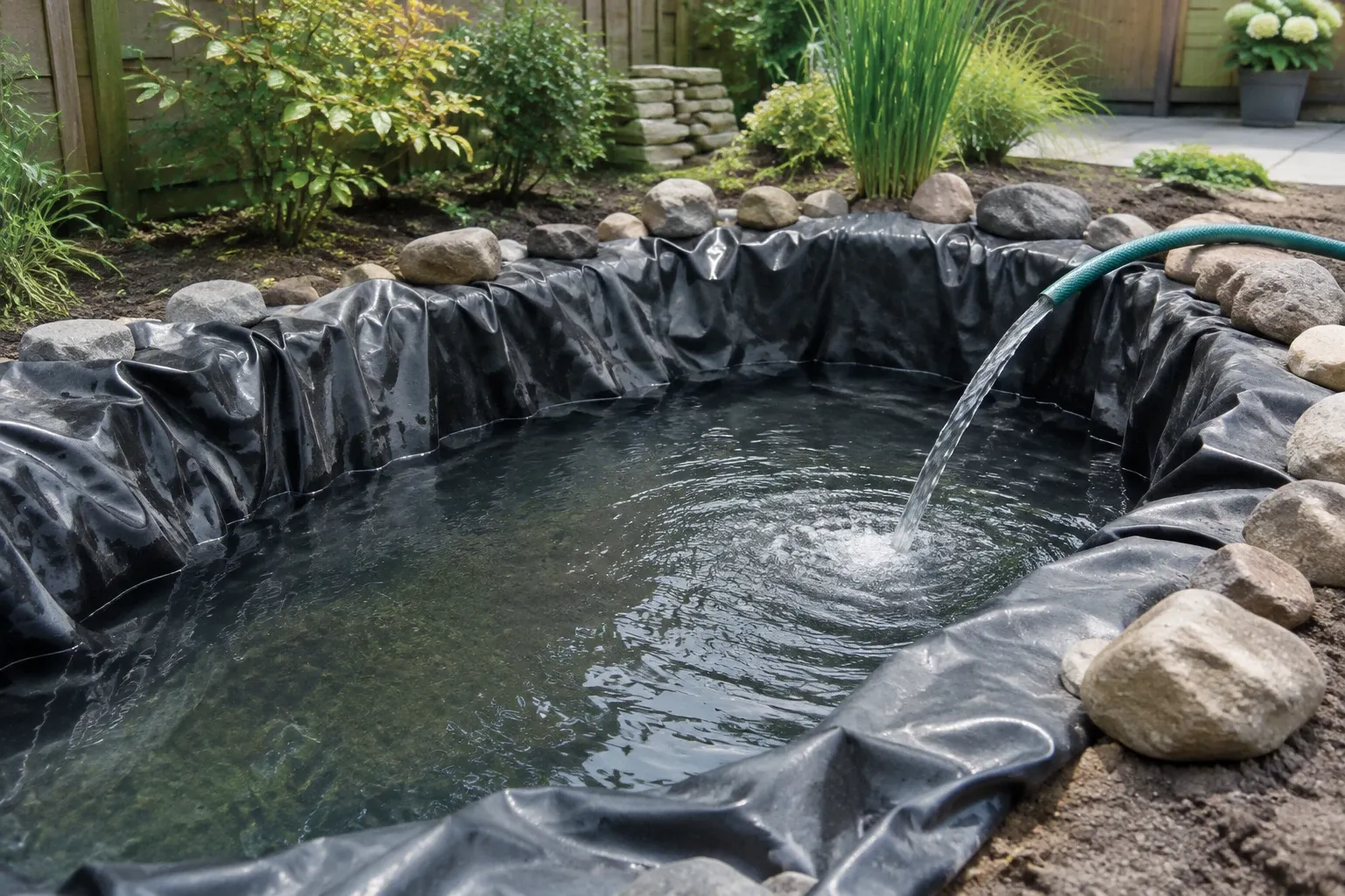 Tuinvijver met zwarte folie in aanleg, water loopt uit groene tuinslang naar binnen