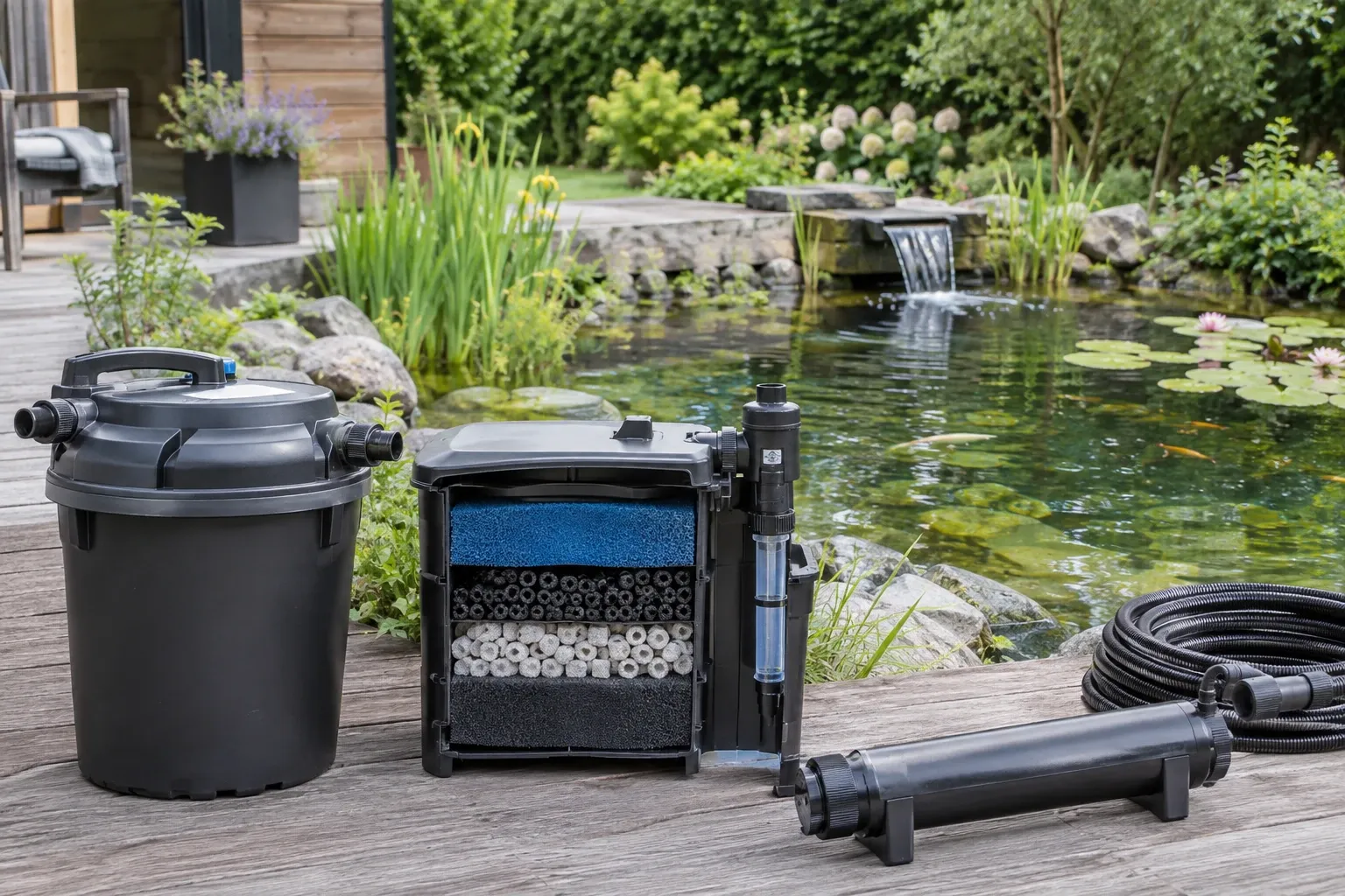 Vijverfiltercomponenten en uv-lamp naast houten vlonder en plantenvijver met waterval