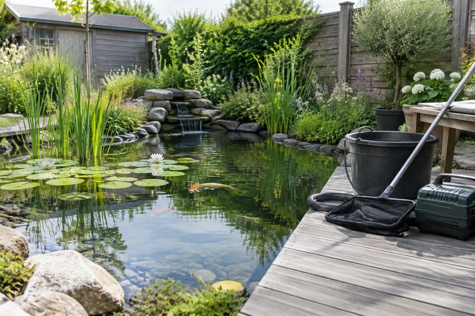 Tuinvijver met waterlelie, goudvis, waterval en schepnet op houten vlonder
