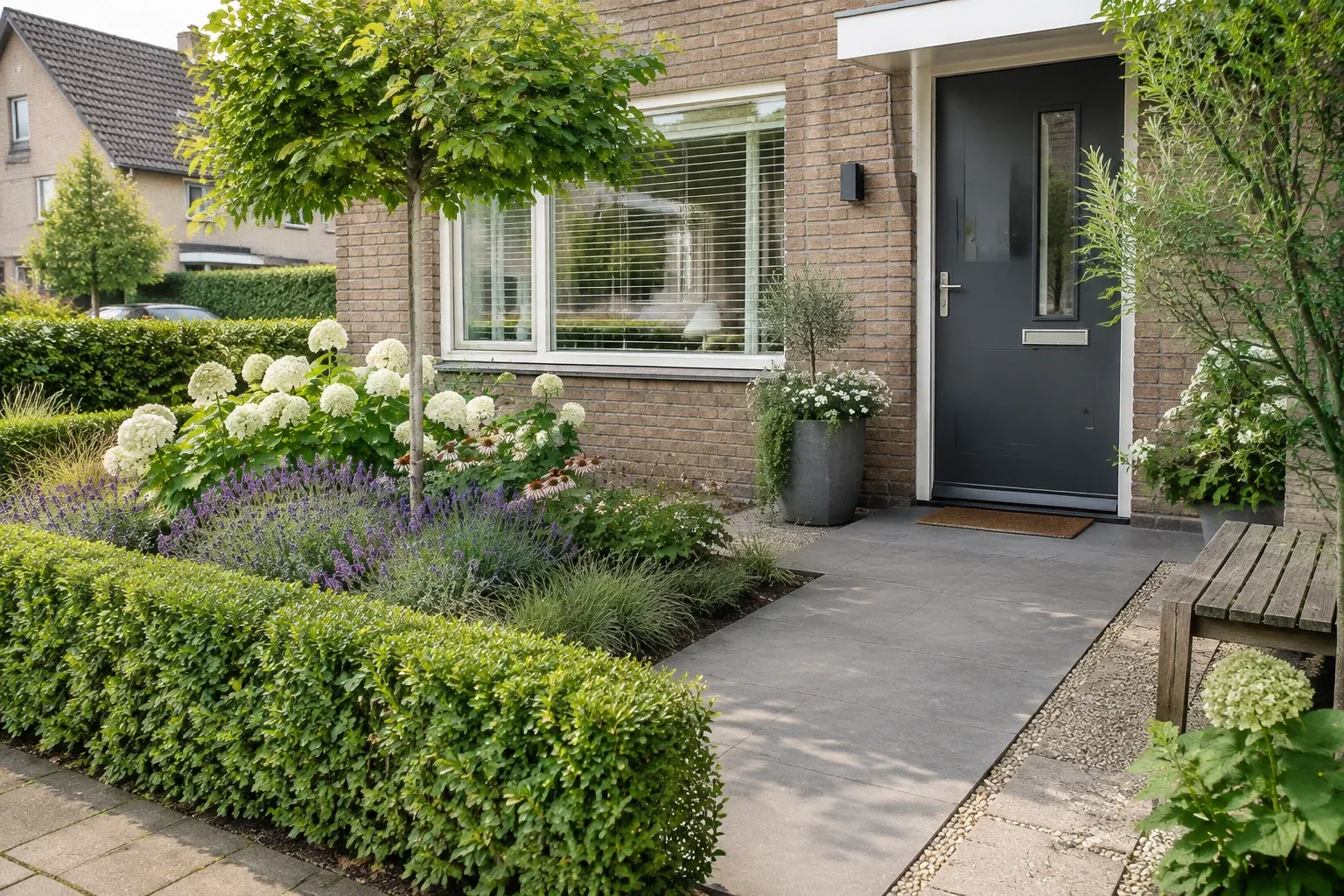 Netjes aangelegde voortuin met bolvormige boom, hortensia's en strak betegeld pad