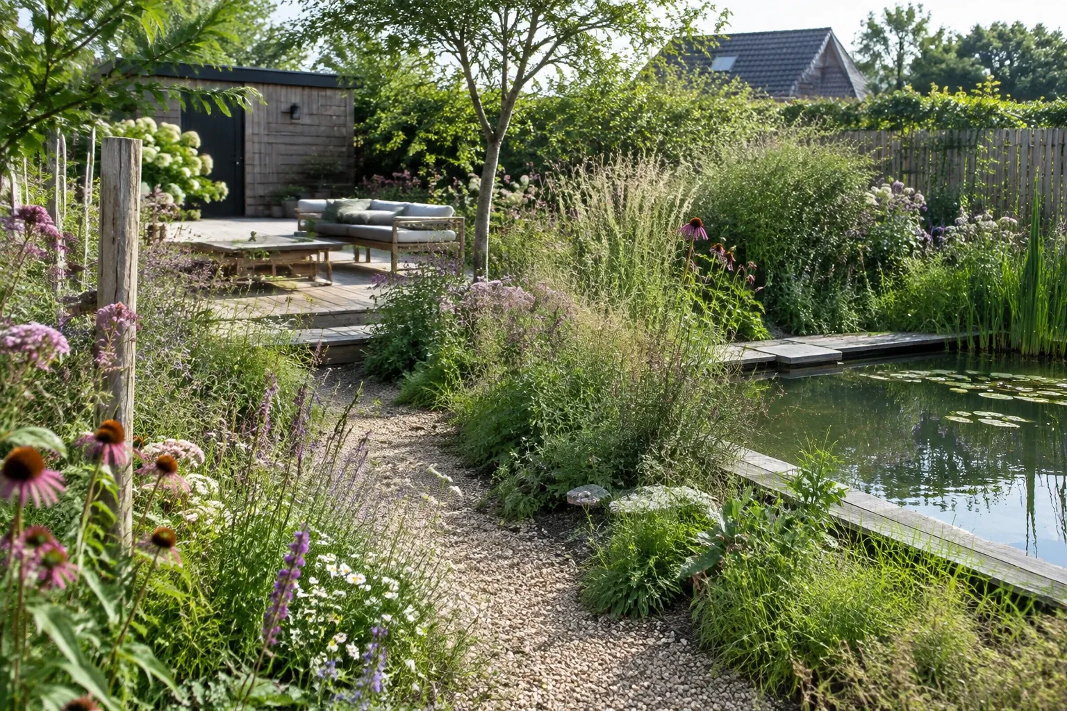 Kruimelpad langs wilde beplanting naar zwemvijver met houten terras en zitelementen