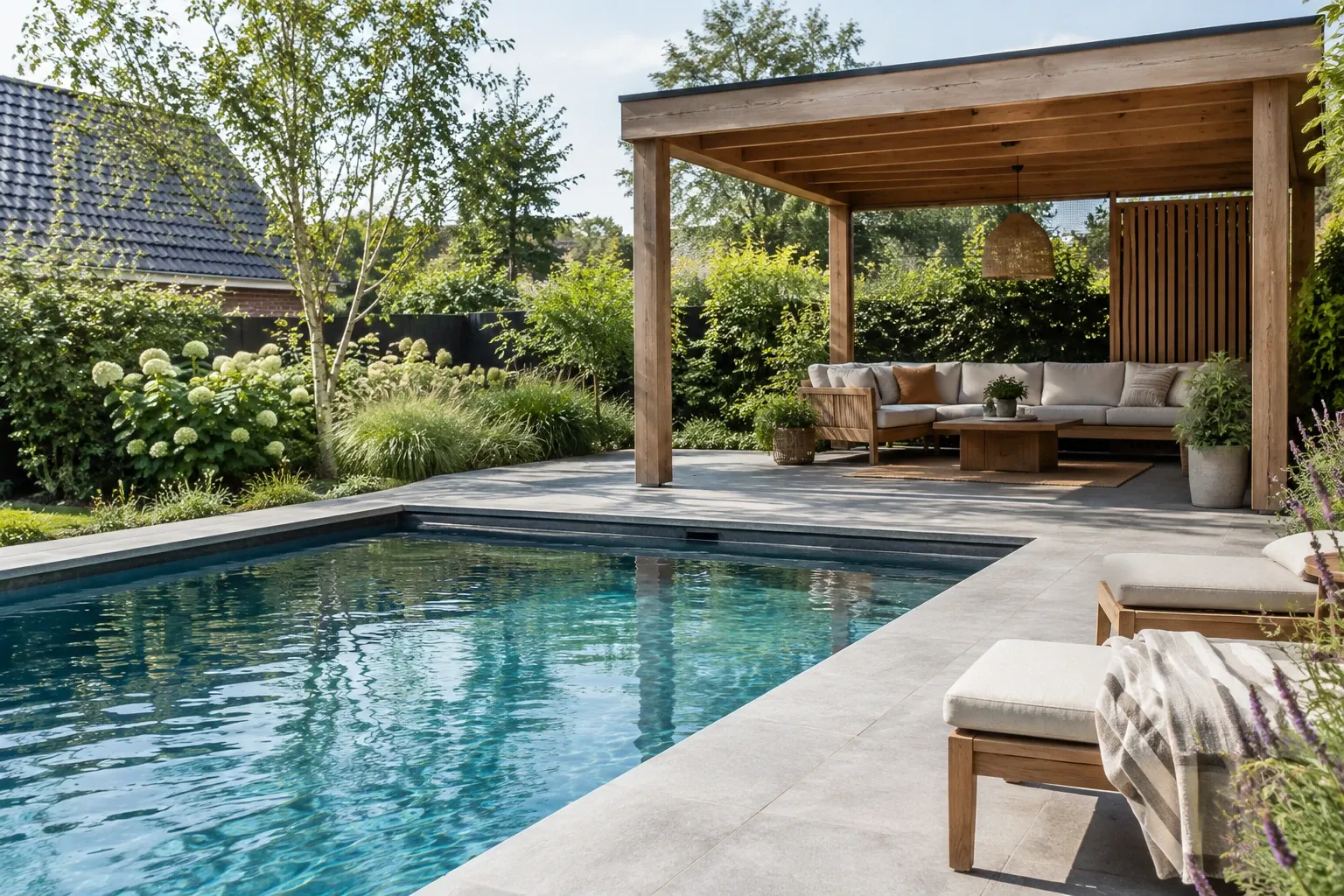 Landschappelijke tuin met rechthoekig zwembad, houten pergola en loungehoek met kussens